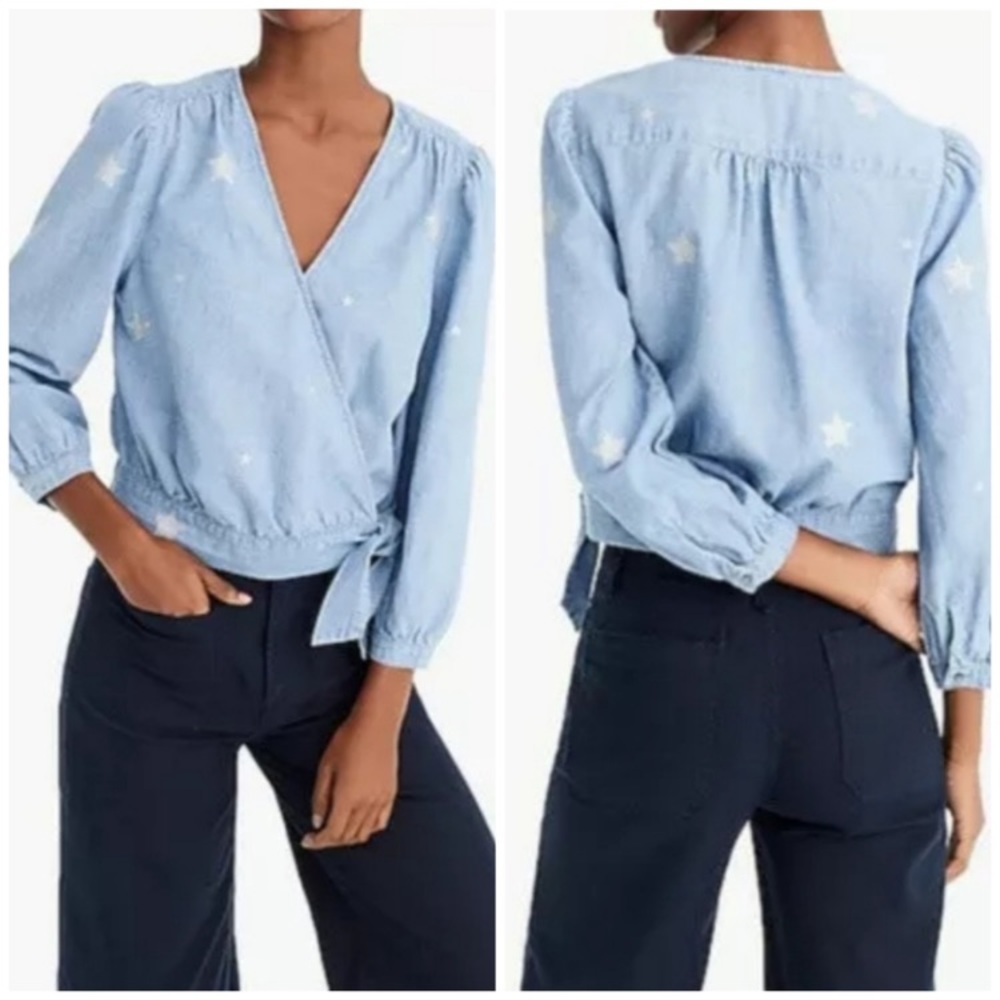 J. Crew Chambray Top Star Print Wrap Top Women’s Size XS NWT Brand New
